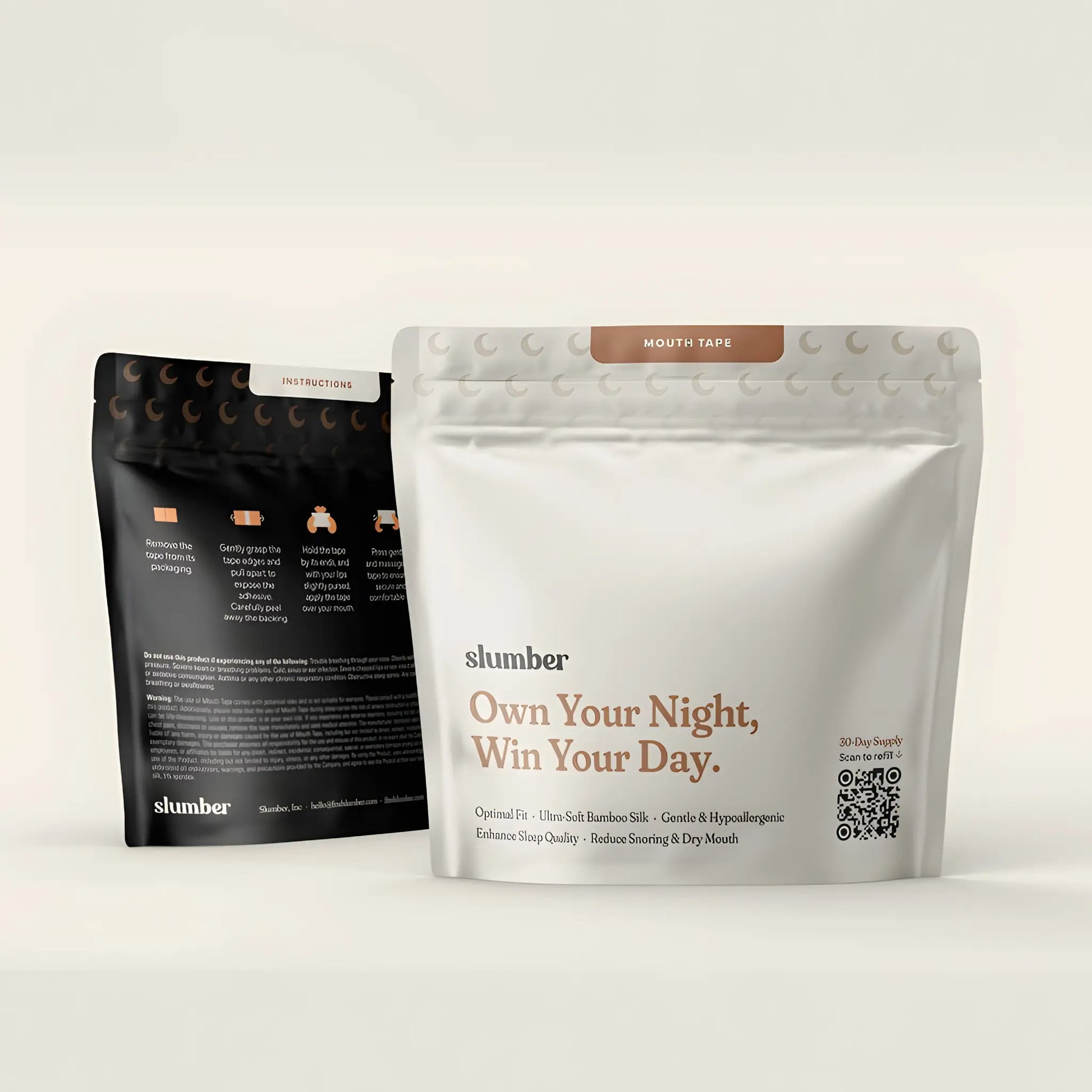 Front and back view of Slumber mouth tape packaging, featuring the slogan 'Own Your Night, Win Your Day' and product details.