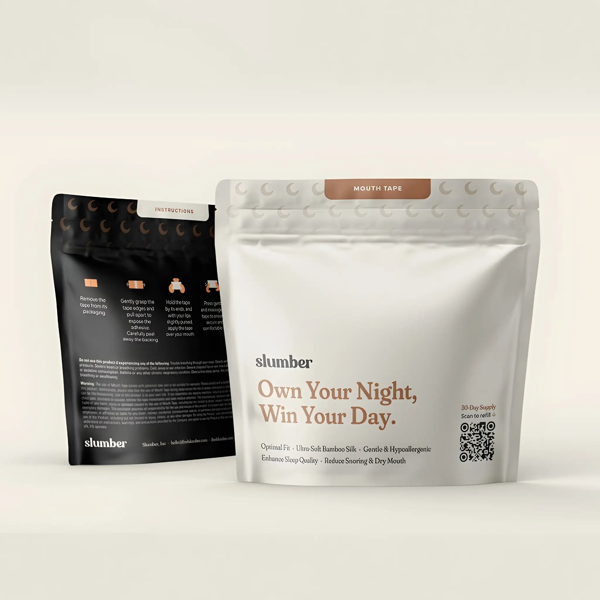 Front and back view of Slumber mouth tape packaging, featuring the slogan 'Own Your Night, Win Your Day' and product details.